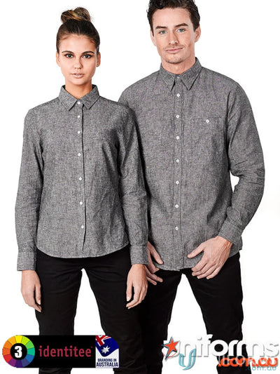 Two people wearing gray Floyd LS Linen Cotton Shirts and black pants, stylish combo