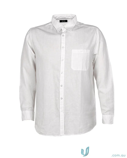 White long-sleeve button-down shirt from W71 Men’s Floyd LS Linen Cotton Shirt collection