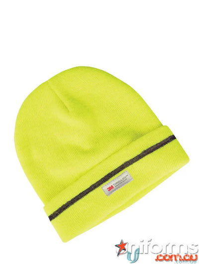 Bright yellow JBs Fluoro Reflective Beanie with dark stripe and 3M Thinsulate label