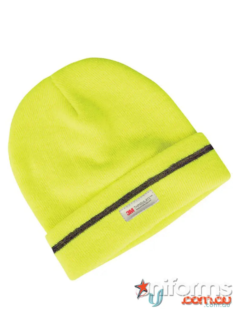 Bright yellow JBs Fluoro Reflective Beanie with dark stripe and 3M Thinsulate label