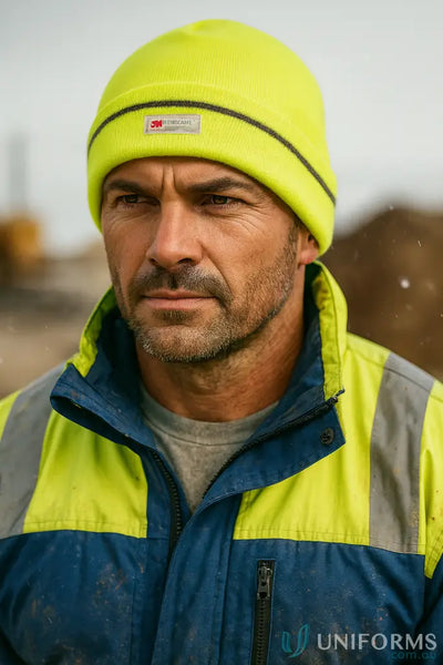 Man wearing jbs fluoro reflective beanie and high-vis jacket for safety gear