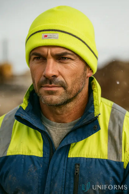 Man wearing jbs fluoro reflective beanie and high-vis jacket for safety gear