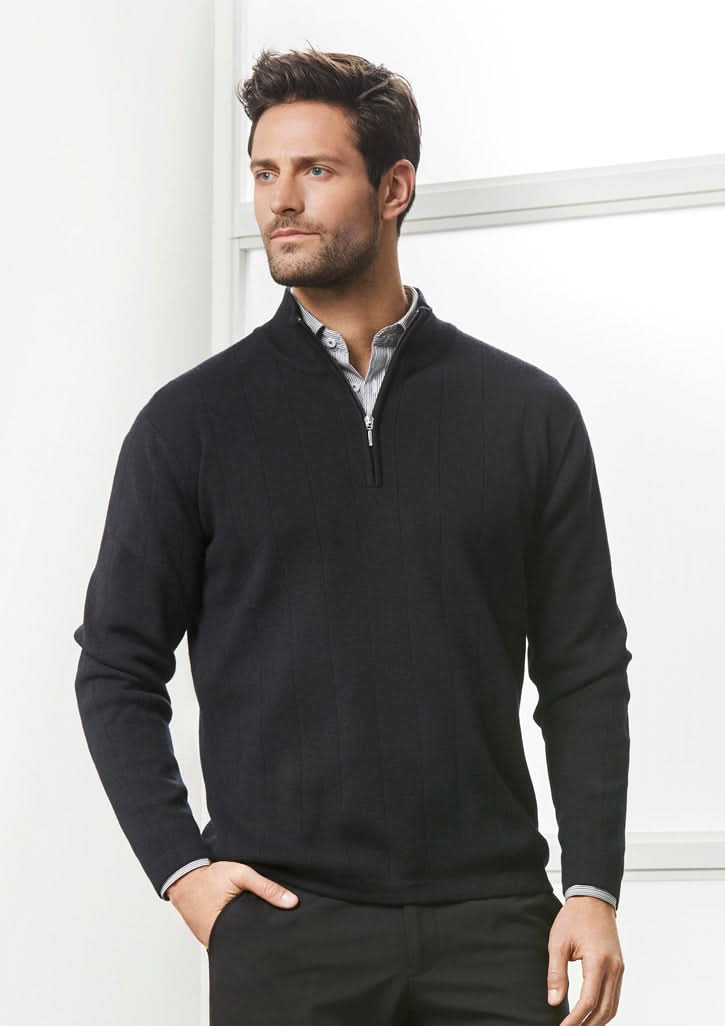 Man wearing FMIG EMB Half Zip Merino Wool Pullover in black over light shirt