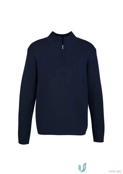Dark blue zip merino rich half zip men’s sweater with stand-up collar