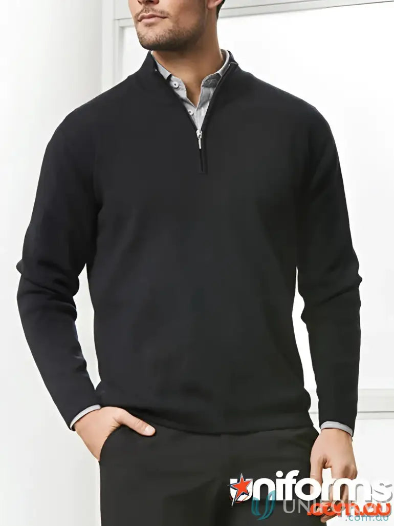 Black men’s quarter-zip sweater with collared shirt, FMIG Half Zip Merino Rich pullover