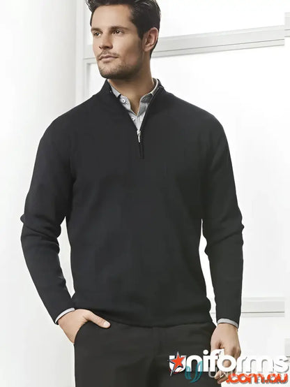 Man in black zip merino rich half zip sweater over collared shirt, stylish and comfy