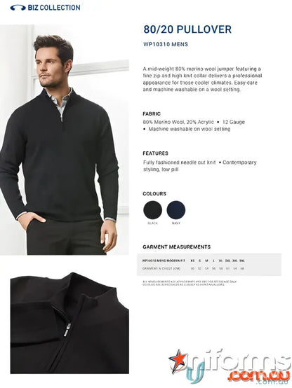 Men’s black zip merino rich pullover with half zip and high knit collar