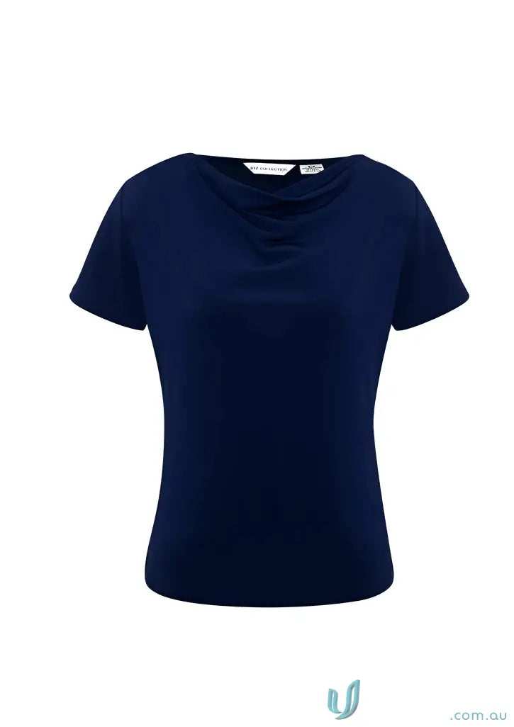 FMIG EMB Ladies Drape Knit Top in navy blue, stylish jersey knit workwear uniform