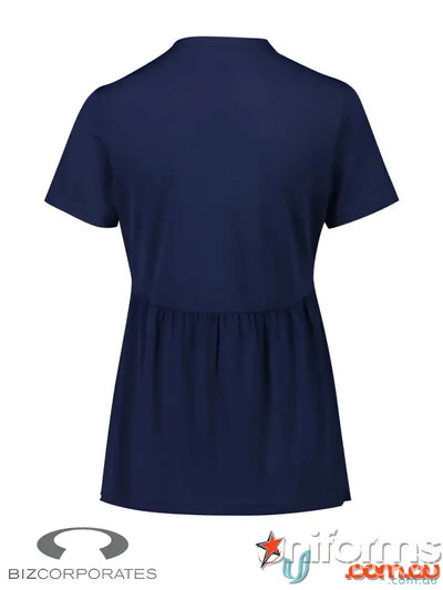 Navy blue FMIG EMB Ladies Easy Fit Top with gathered peplum waist, perfect for uniforms or workwear
