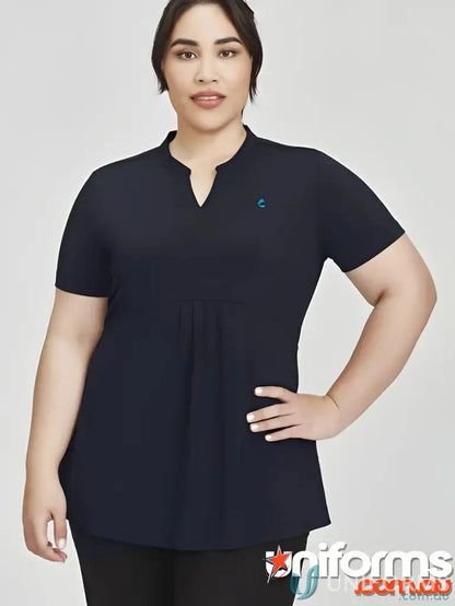 Plus-size woman modeling FMIG EMB Ladies Easy Fit Top black tunic workwear casual style