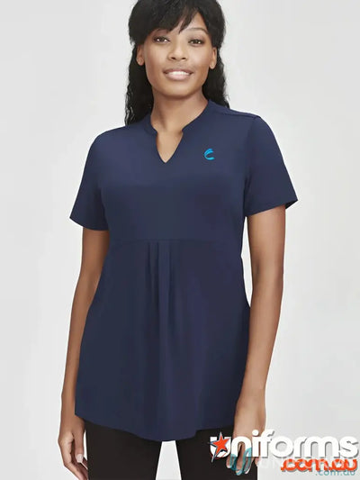 Woman wearing FMIG EMB Ladies Easy Fit Top in dark blue, perfect for uniforms or workwear