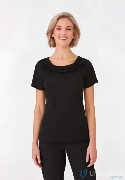 Eva knit style FMIG Ladies Knit SS Top with short sleeves and draped neckline
