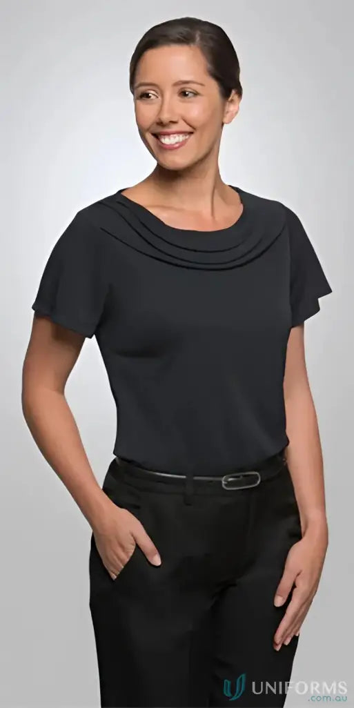 Eva knit style FMIG Ladies Knit SS Top with gathered neckline and black trousers
