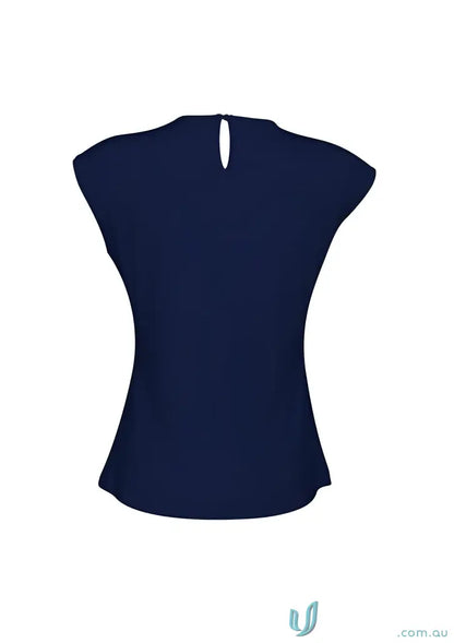 Dark blue jersey knit women’s top with cap sleeves and keyhole neckline for workwear