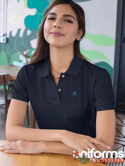 Dark-colored FMIG EMB Ladies Polo with white button placket and light blue logo