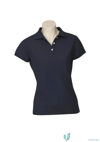 Navy blue FMIG Ladies Polo with white button placket and modern fit for work uniforms