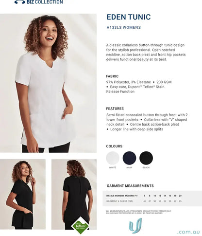 White women’s eden tunic with notched V-neck, front pockets, Teflon stain release fabric