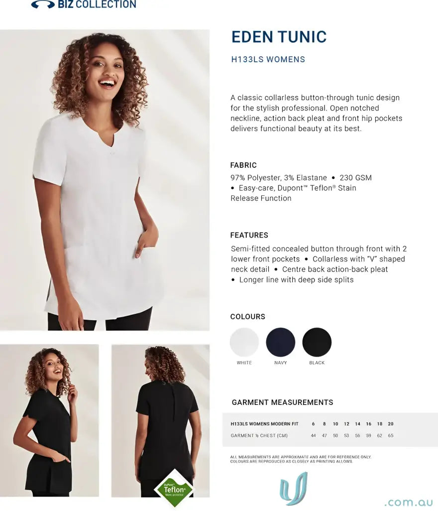 White women’s eden tunic with notched V-neck, front pockets, Teflon stain release fabric