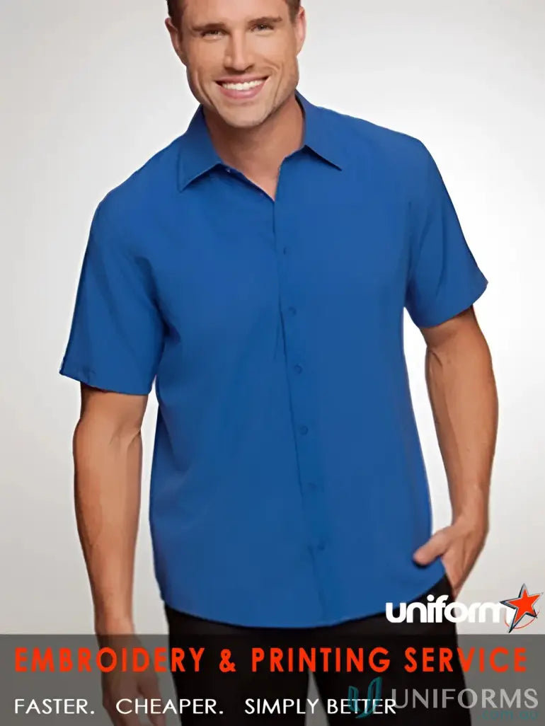 Blue short-sleeved button-down shirt from FMIG EMb Mens Ezylin SS workwear uniform