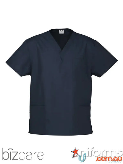 Dark blue FMIG EMB Unisex Scrub Top with V-neck and front pockets for work uniforms