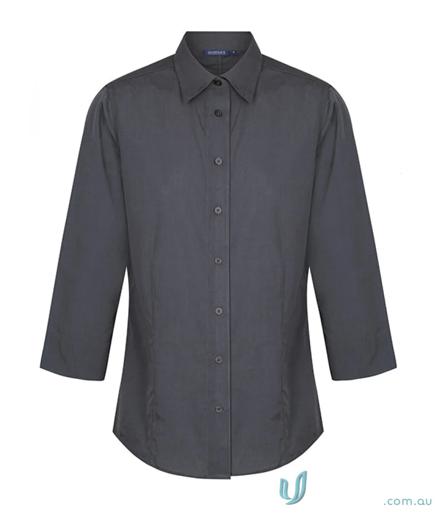 Gray three-quarter sleeve button-down shirt, perfect for work uniforms and workwear