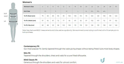 Women’s clothing size chart for FMV (EMB) Ladies 3Q Shirt work uniforms and workwear