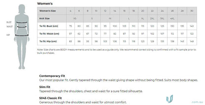 Women’s clothing size chart for FMV (EMB) Ladies 3Q Shirt work uniforms and workwear