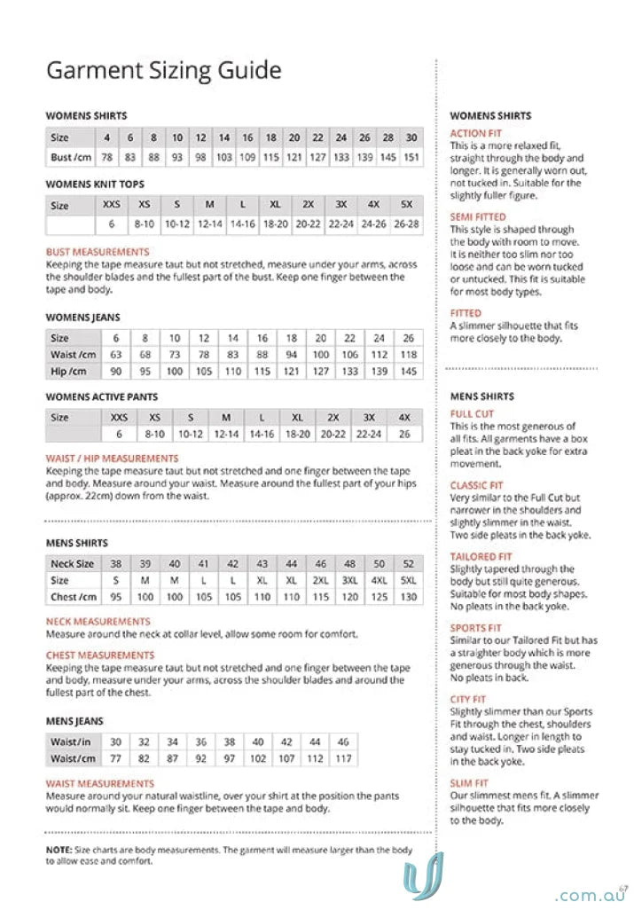 Garment sizing guide for FMV EMB Ladies Ezylin 3Q Workwear Uniforms