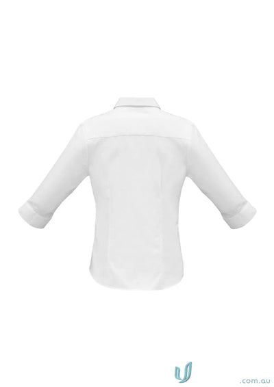 White long-sleeved FMV Ladies Premium Cotton Shirt with rolled-up sleeves, perfect for uniforms or workwear featuring mini herringbone