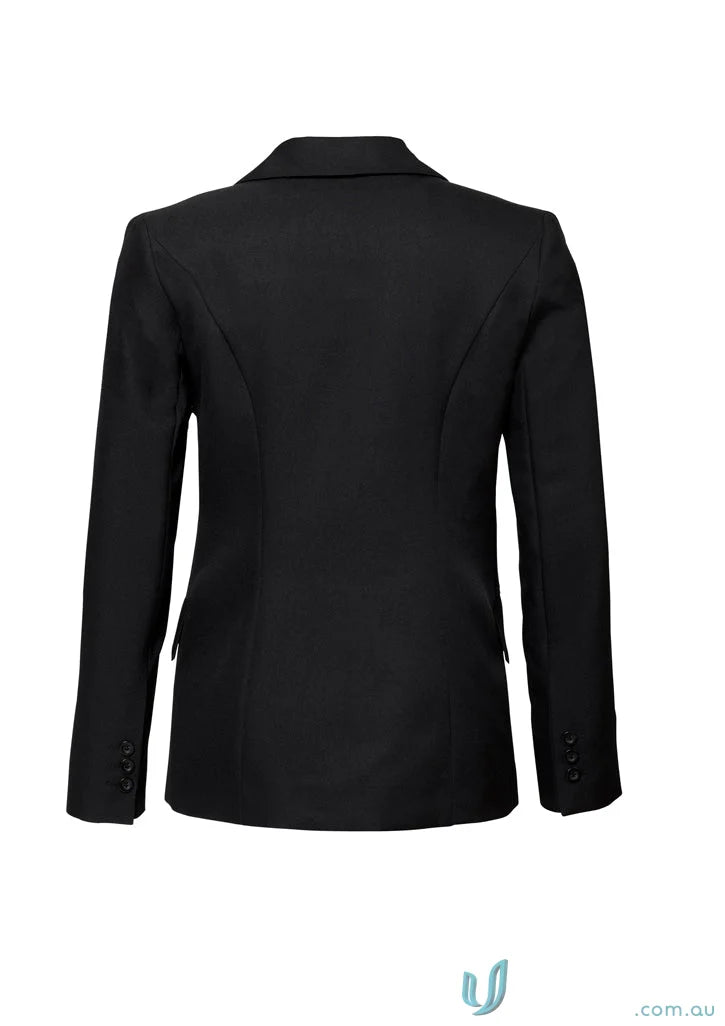 Black tailored blazer from FMV Ladies POLY jacket featuring bamboo charcoal for work uniforms