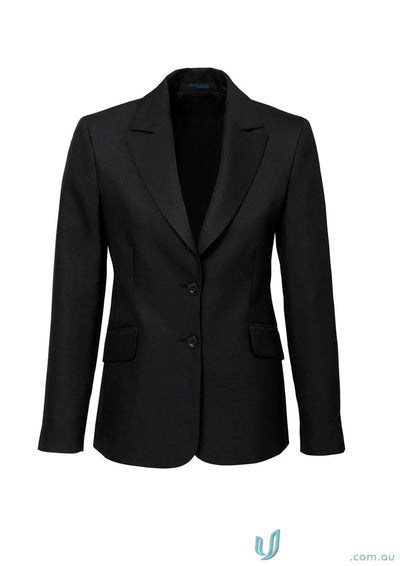 Black two-button blazer from FMV Ladies POLY jacket, perfect for work uniforms