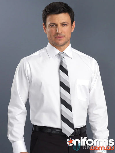 Man in white long sleeve poplin dress shirt with striped tie for work uniforms and a comfortable fit