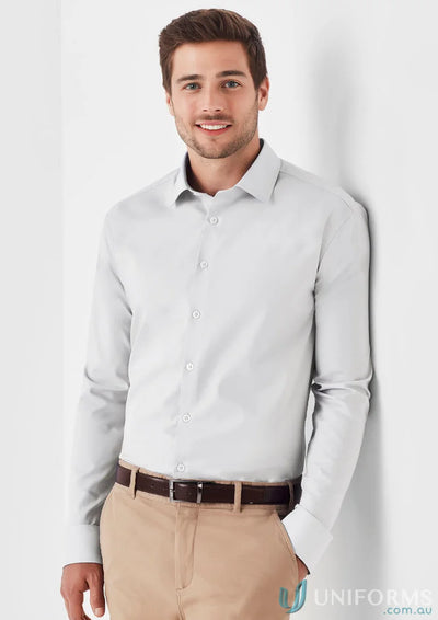 Man in light gray long sleeve poplin shirt and khaki pants for work uniforms