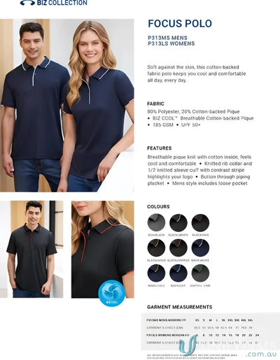 Focus Polo cotton-backed pique polo shirt from Biz Collection highlights professional style