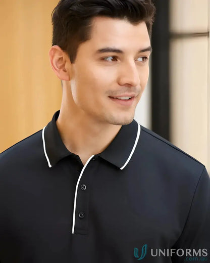 Men’s black Focus Polo with white trim from Biz Collection for a professional look