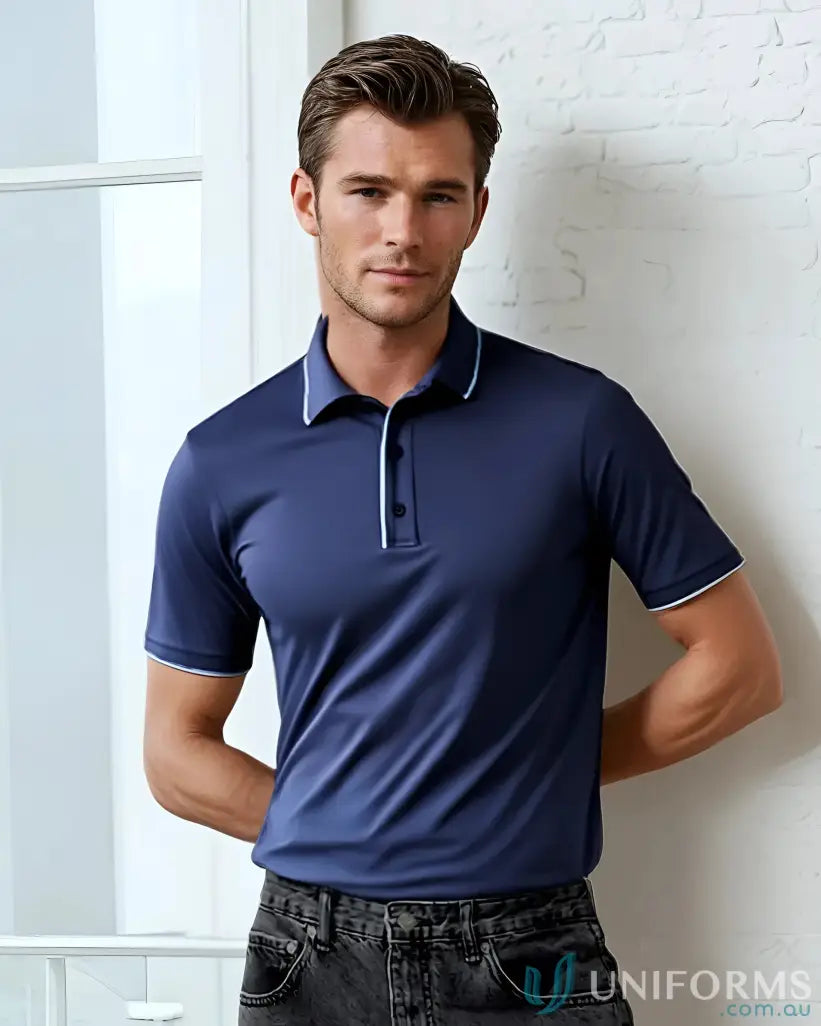 Men’s navy blue Focus Polo from Biz Collection with white trim for a professional look