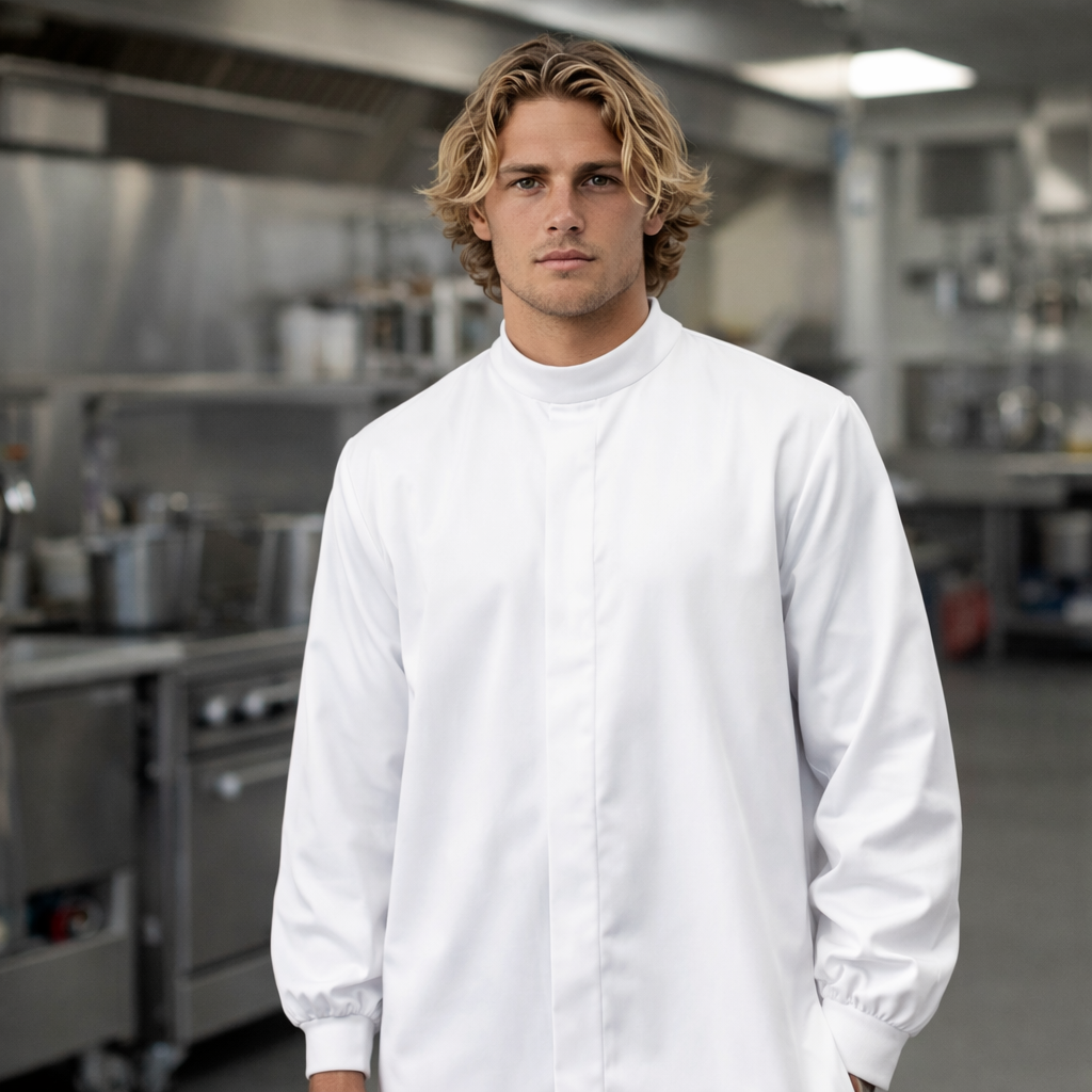 White long food industry long dust coat with high collar and elastic cuffs