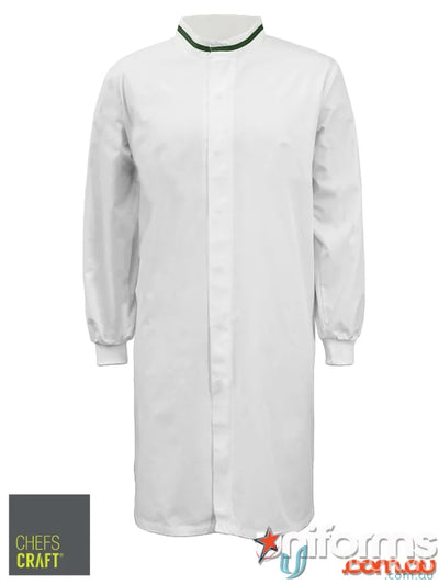 White long length dustcoat with green contrast trim and fabric blend cuffs for food industry