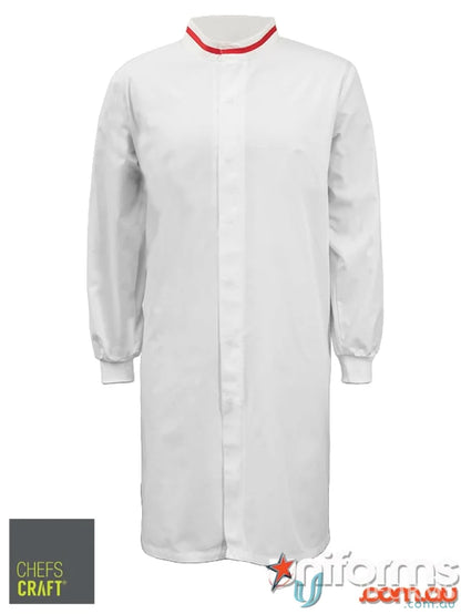 White long length dustcoat with contrast trim and fabric blend cuffs for food industry