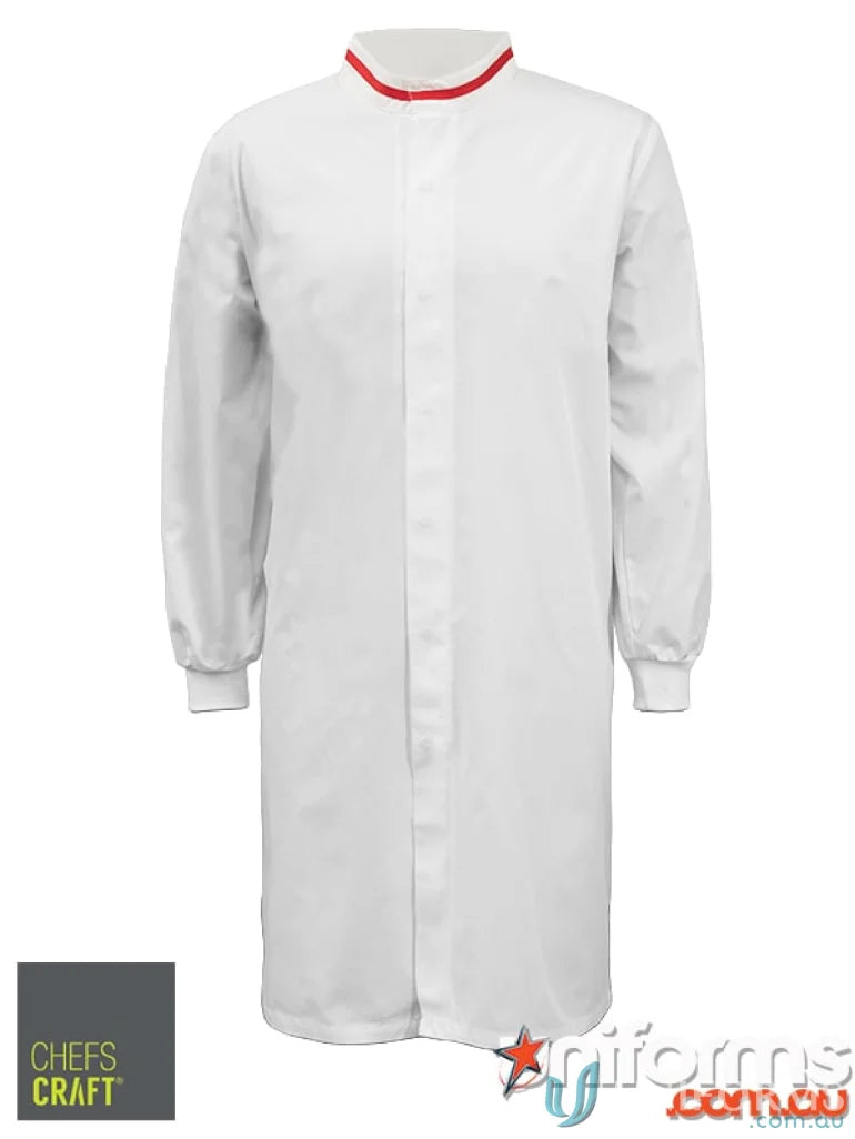 White long length dustcoat with contrast trim and fabric blend cuffs for food industry