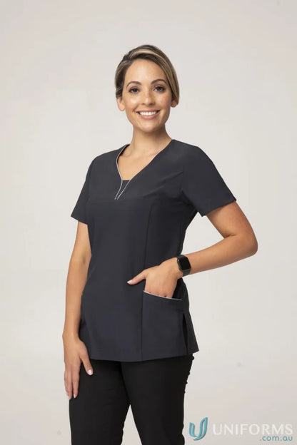 Woman in dark gray medical scrubs from the fabulous city collection