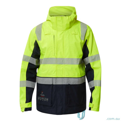 High-visibility yellow and navy blue wet weather hivis segmented jacket with reflective tape