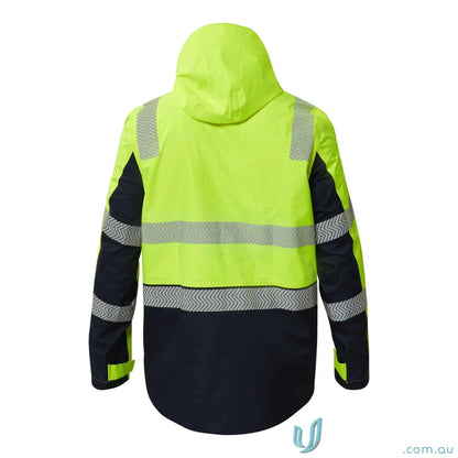 High-visibility yellow and navy blue Wet Weather HiVis segmented jacket with reflective tape