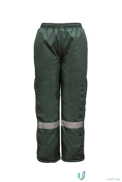 Green insulated work pants for outdoor logistics with reflective freezer features