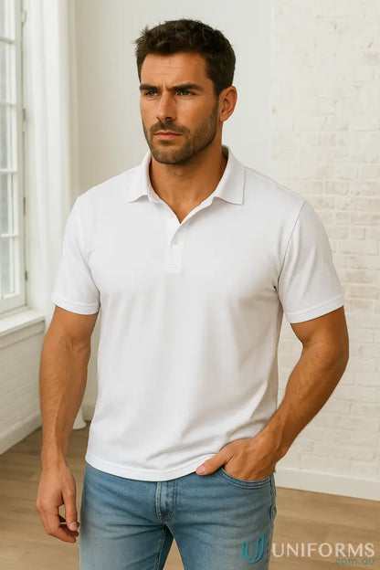 Men’s white short-sleeved polo shirt from Freshen Polo for unmatched comfort and workwear