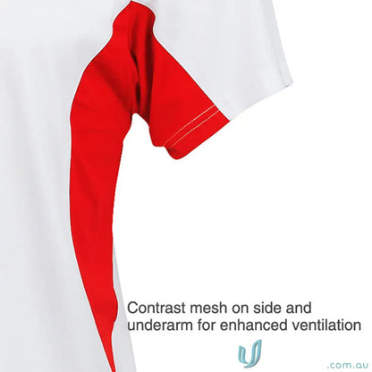 Red and white athletic shirt sleeve from Freshen Polo for uniforms and workwear with unmatched comfort