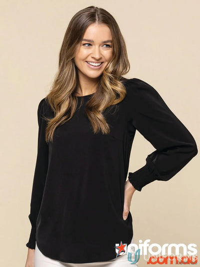 Freya Shirred Cuff Soft Top in luxe twill fabric featuring a black long-sleeved blouse