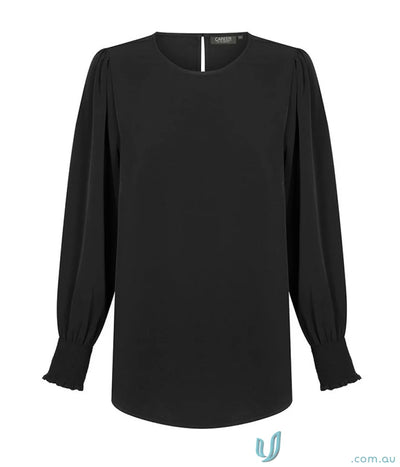 Black long-sleeved blouse in Freya Shirred Cuff Soft Top made of luxe twill fabric