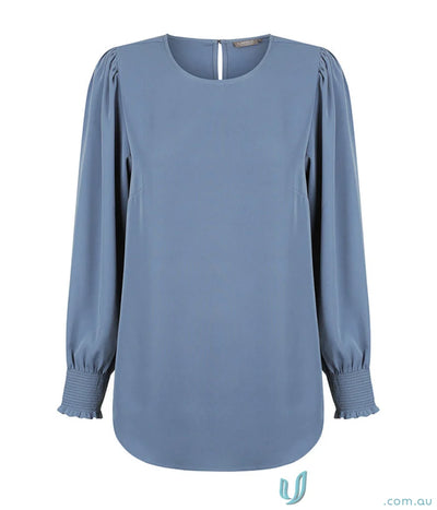 Blue Freya Shirred Cuff Soft Top made with luxe twill fabric and gathered cuffs
