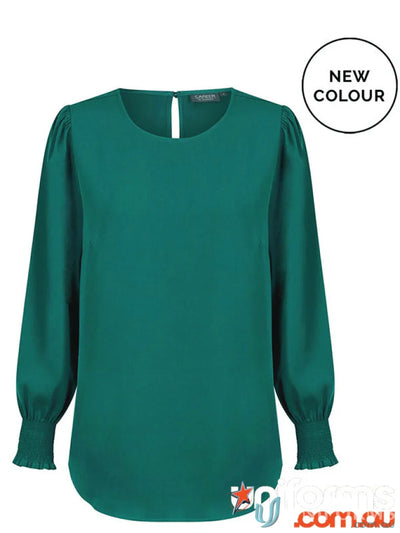 Emerald green Freya Shirred Cuff Soft Top in luxe twill fabric, long-sleeved blouse